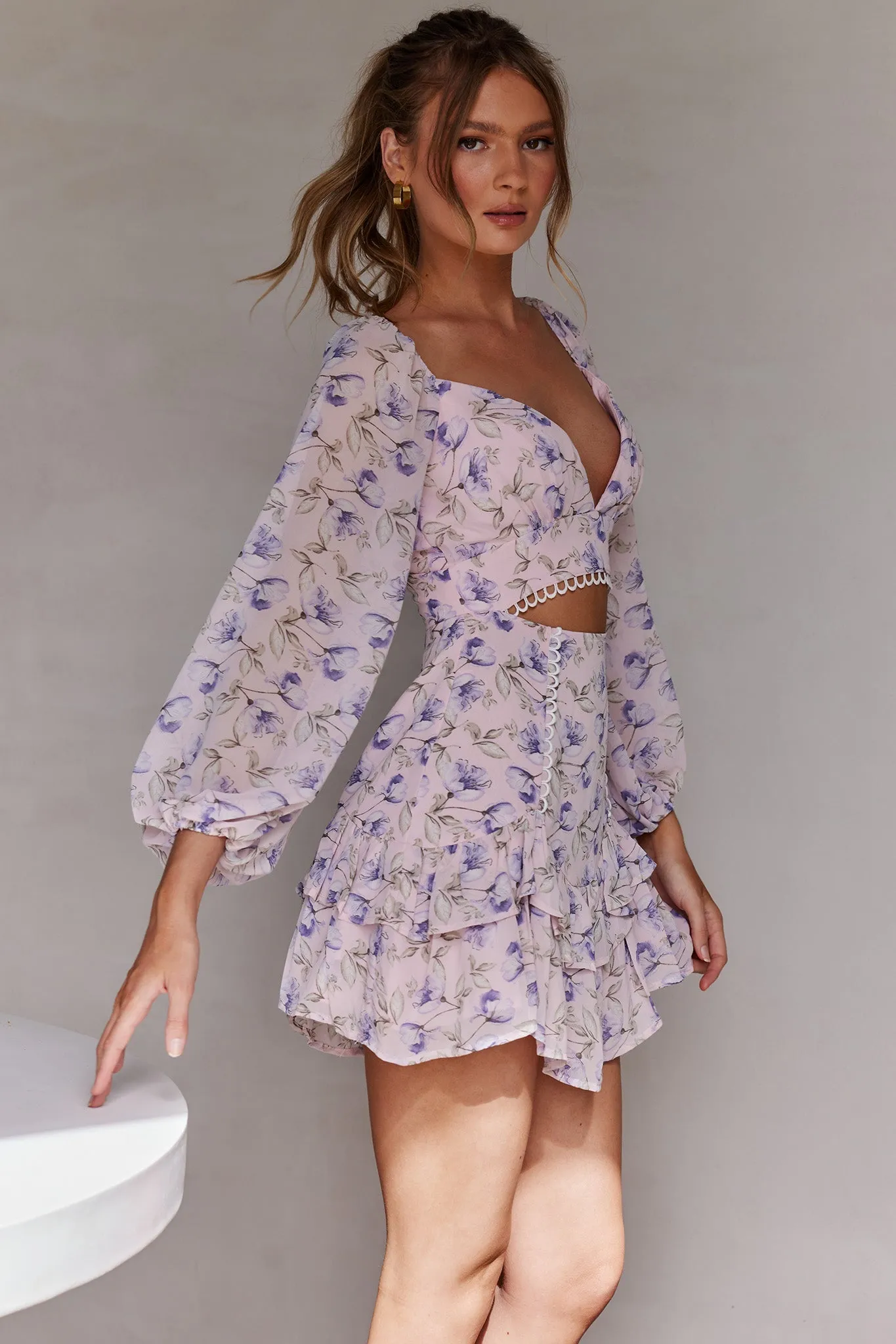 Dearly Beloved Balloon Sleeve Layered Frill Hem Dress Flower Print Blush