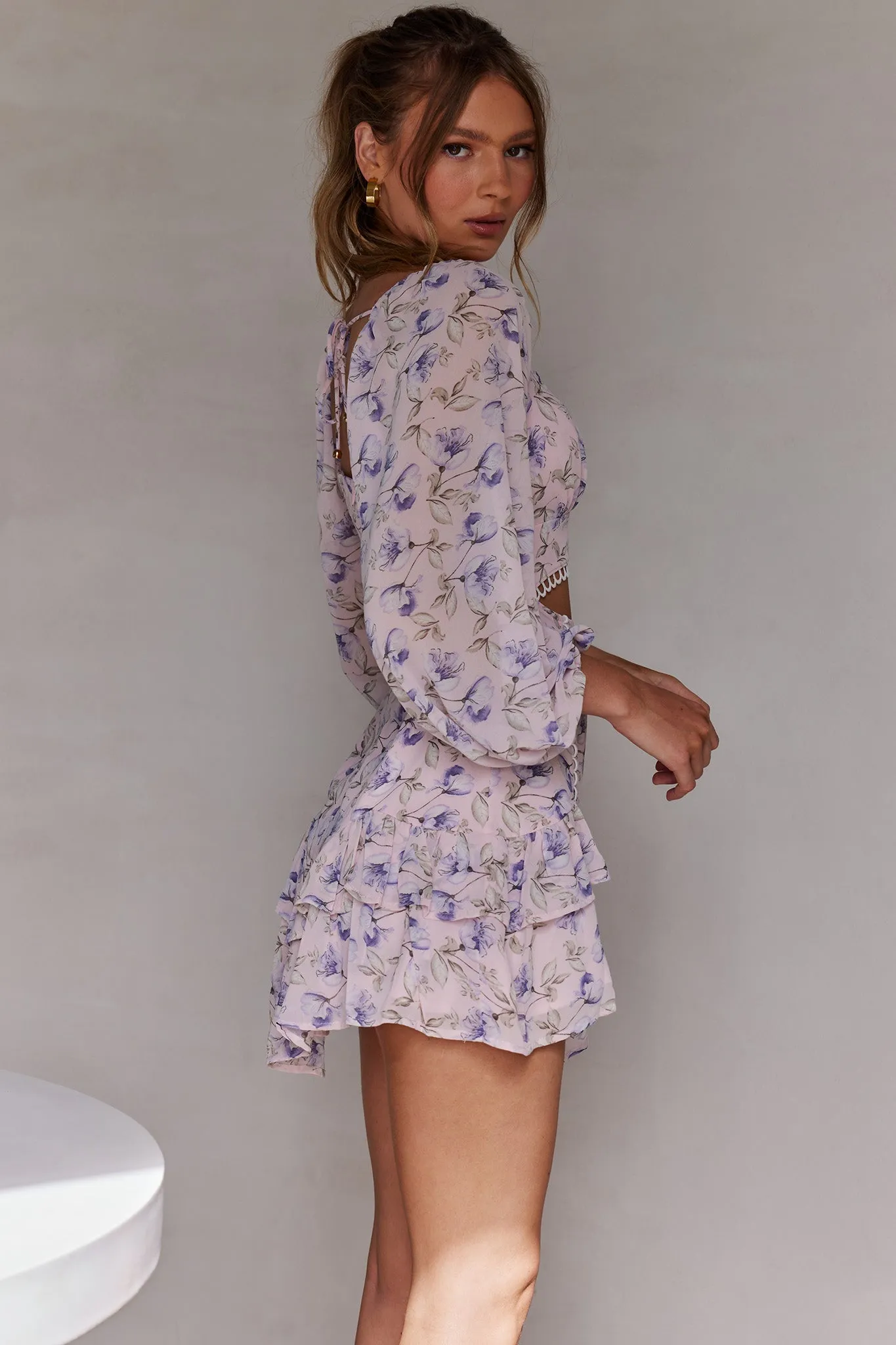 Dearly Beloved Balloon Sleeve Layered Frill Hem Dress Flower Print Blush