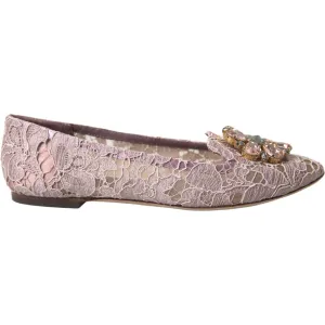 Dolce & Gabbana Pink Lace Crystal Ballet Flats Loafers Shoes