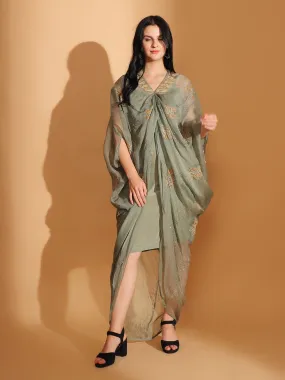 Dusty Green Cowl Chikan Dress