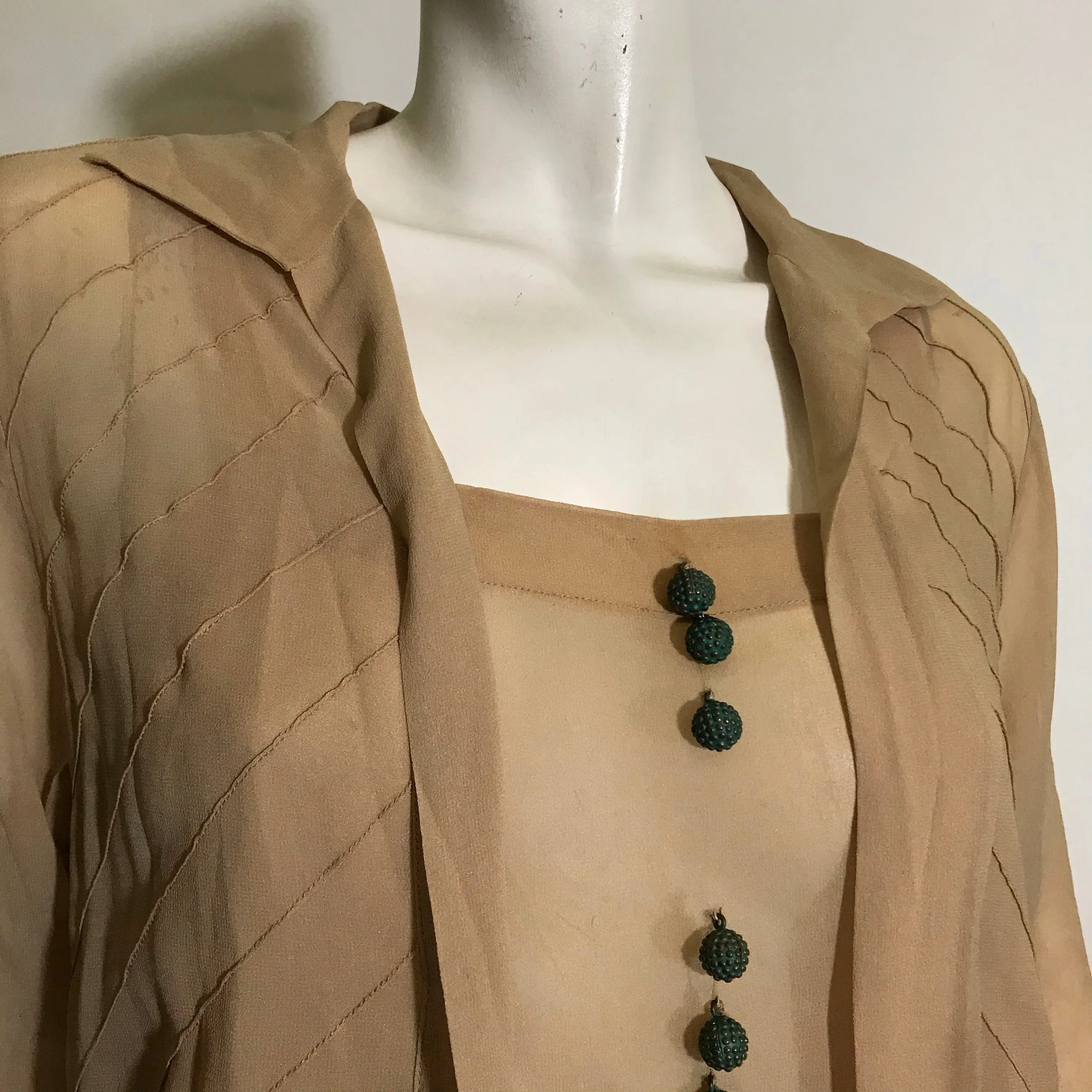 Egyptian Revival Warm Ivory Silk 2 Piece Day Dress with Green Metal Buttons and Braided Silk Sash circa 1920s