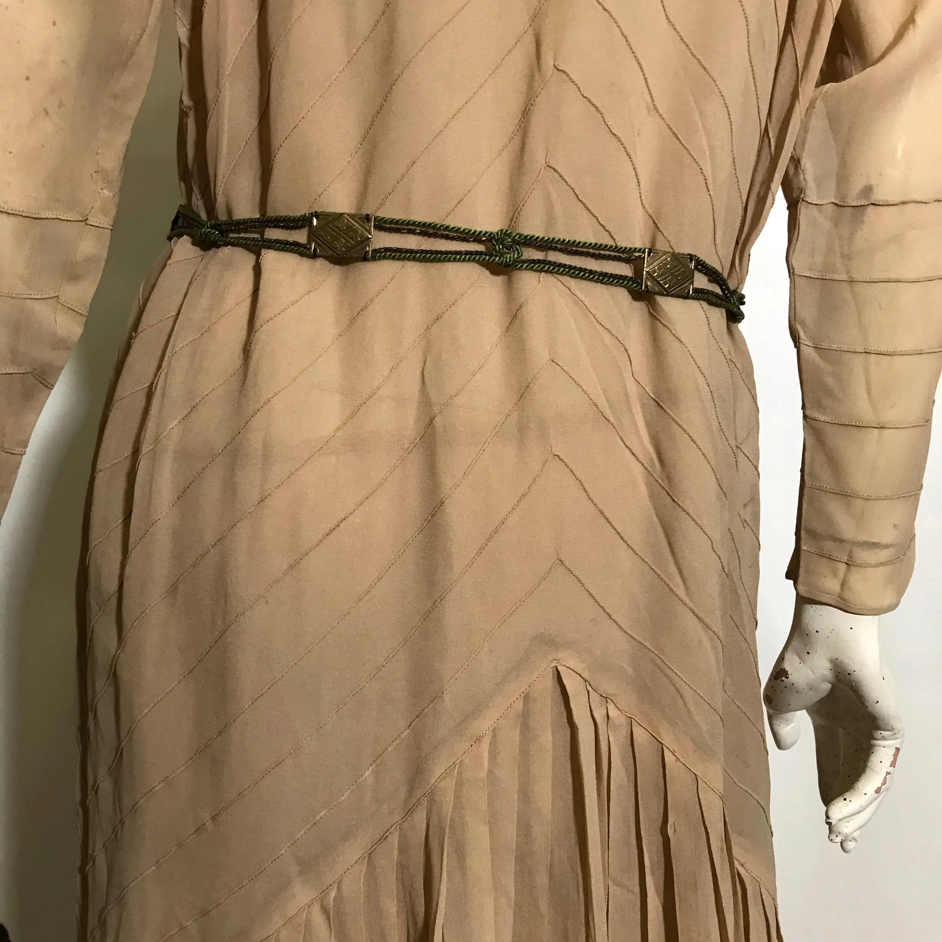 Egyptian Revival Warm Ivory Silk 2 Piece Day Dress with Green Metal Buttons and Braided Silk Sash circa 1920s