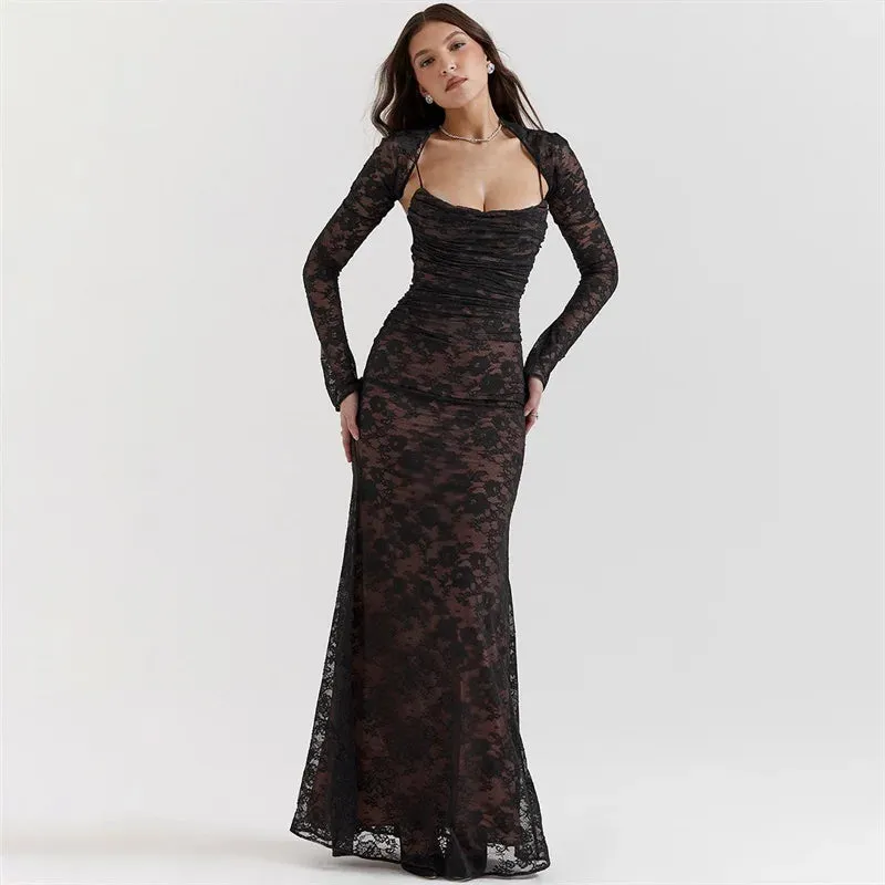 Elegant Lace 2 Piece Set Sexy Party Evening 2024 New Full Sleeves Outfit Formal Tie Back Long Robe Vestido Prom Dress