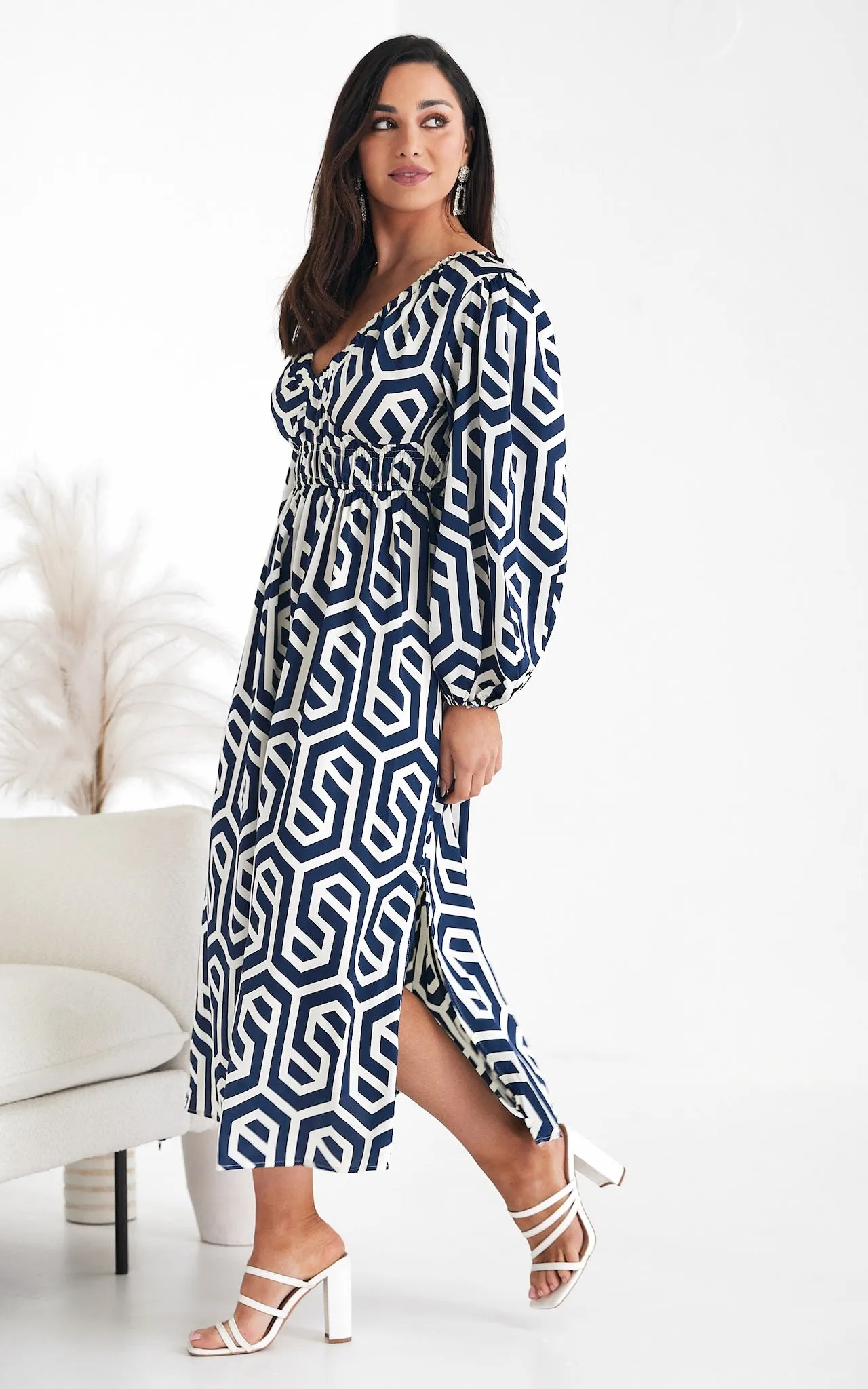 Ember Midi Dress - Blue Cream Geometric Print