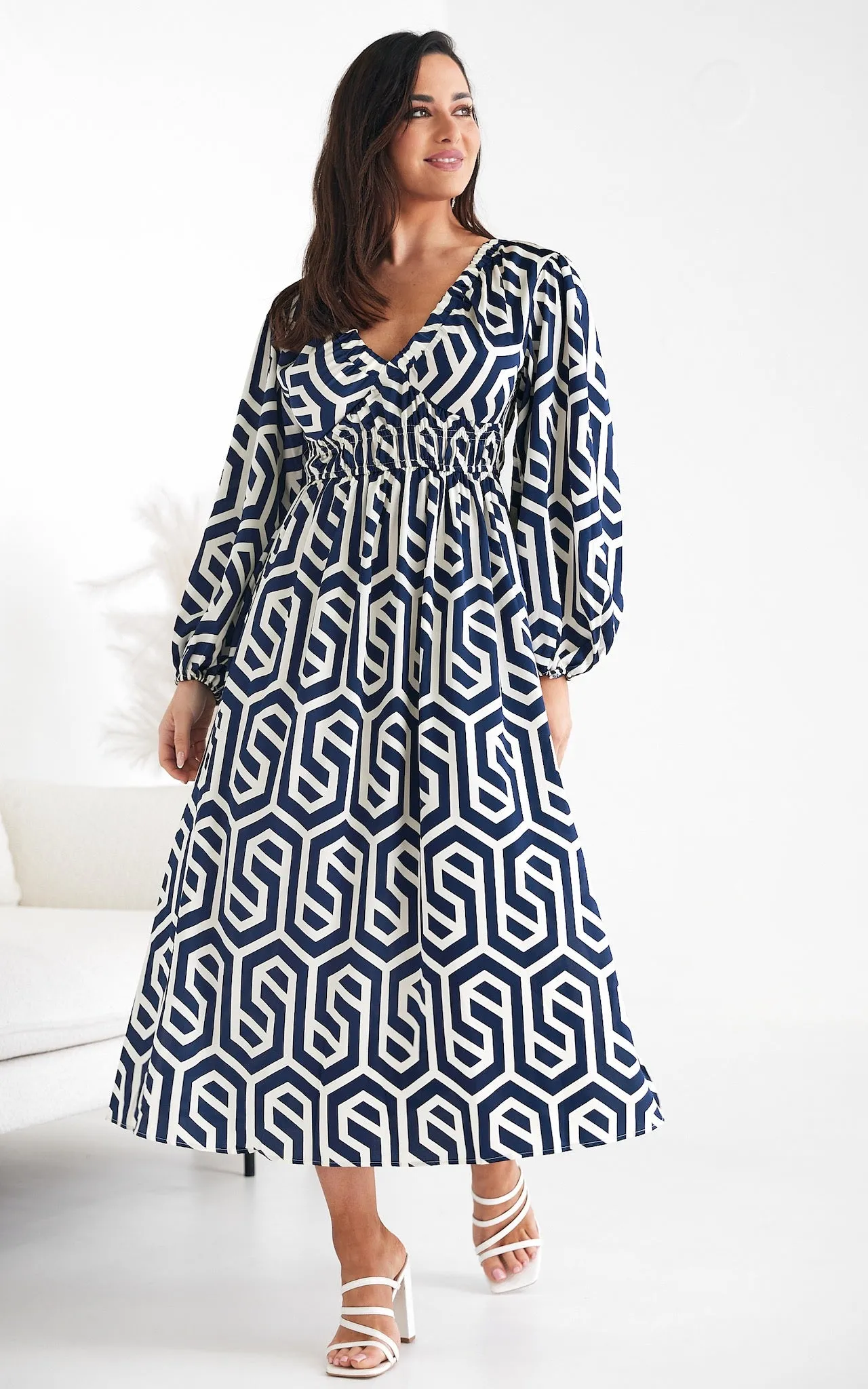 Ember Midi Dress - Blue Cream Geometric Print