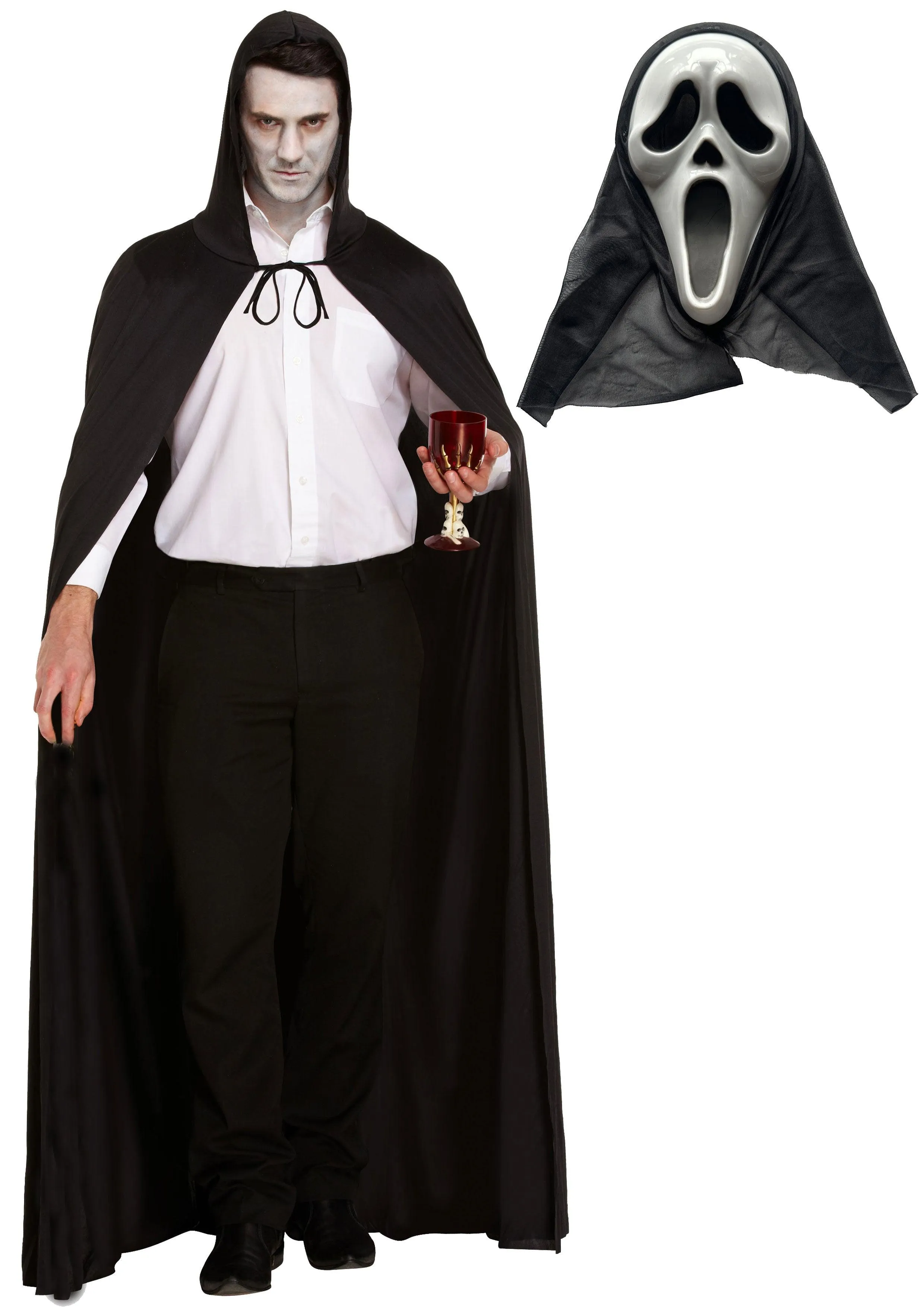 Enhanced Eerily Stylish Halloween Costume Set - Long Black Cape with Hood and Scream Ghost Killer Mask