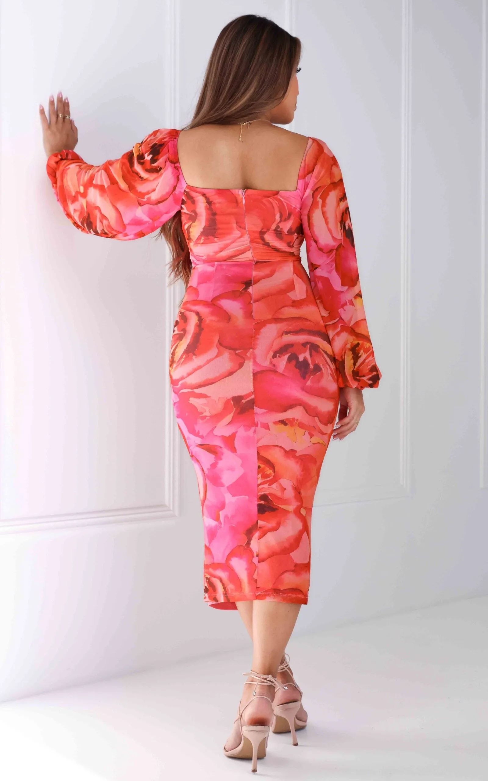 Eunice Mesh Midi Dress - Orange Pink Floral