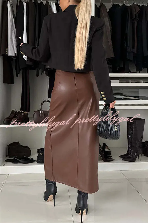 Excellent Partner Faux Leather High Rise Front Slit Stretch Midi Skirt