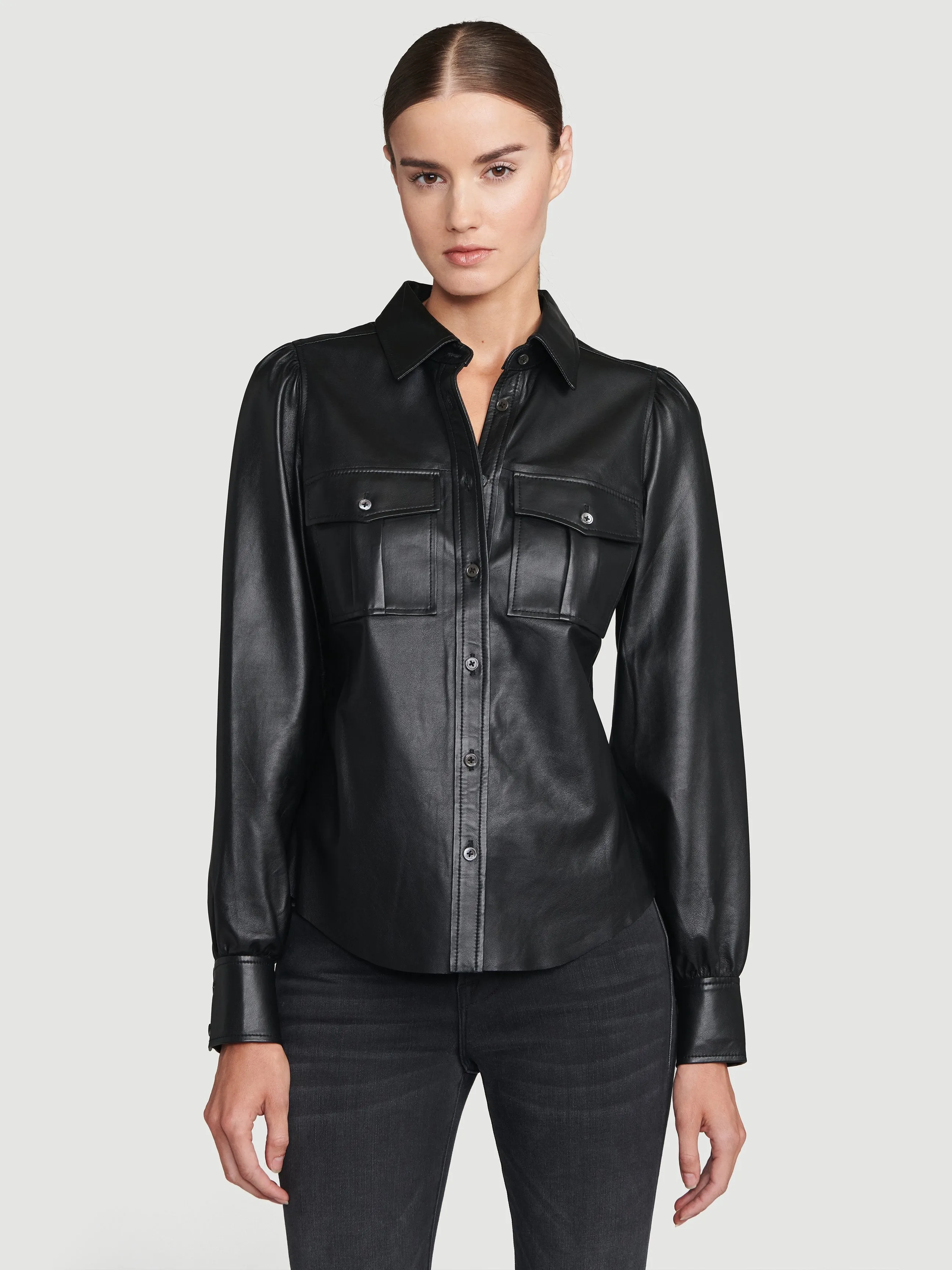 Feminine Leather Military 70s Shirt -- Noir