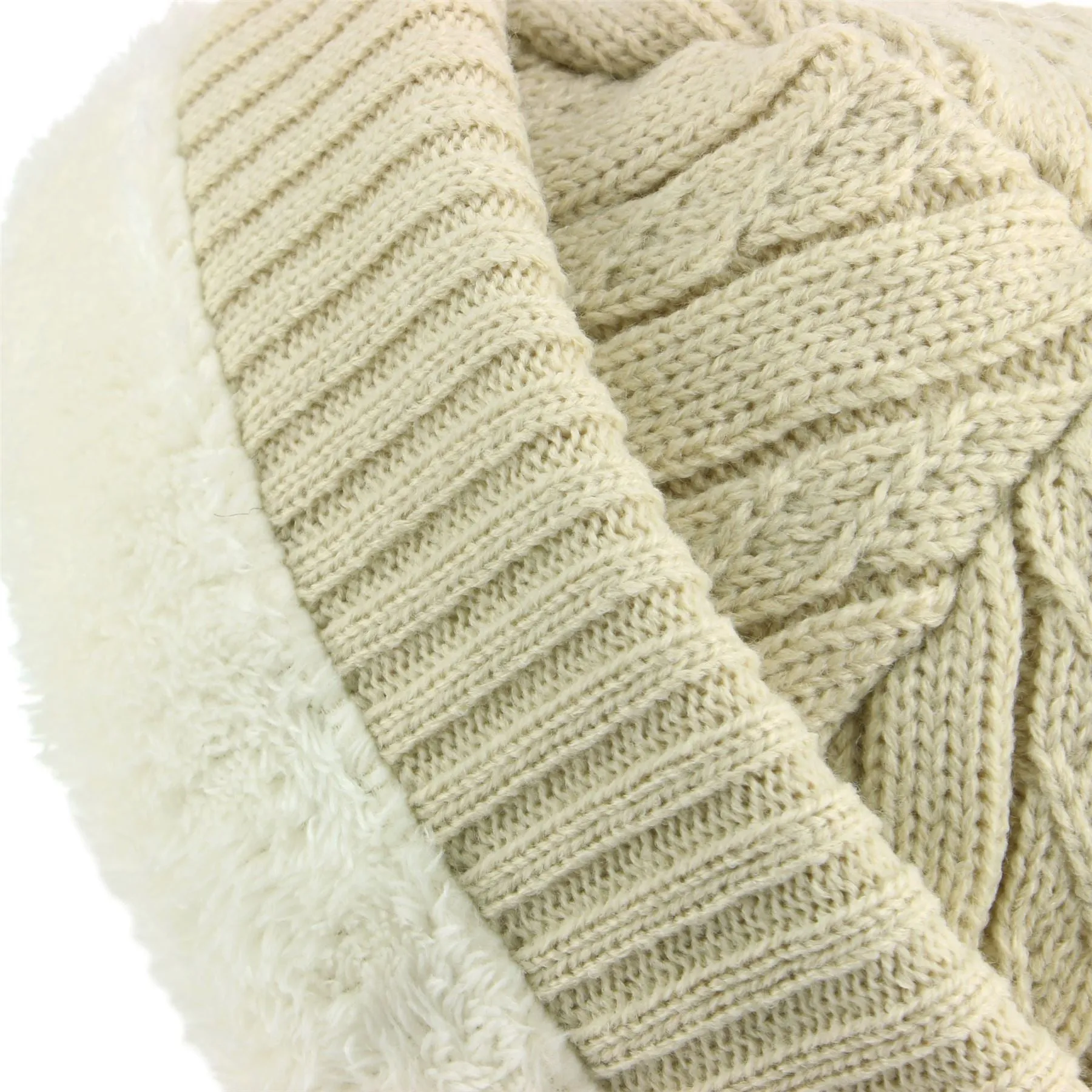 Fine Knit Beanie Hat with Super Soft Fleece Lining - Beige