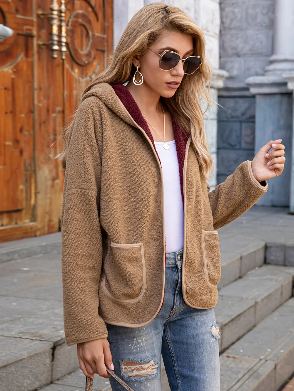 Fleece Open Front Pocket Hoodie