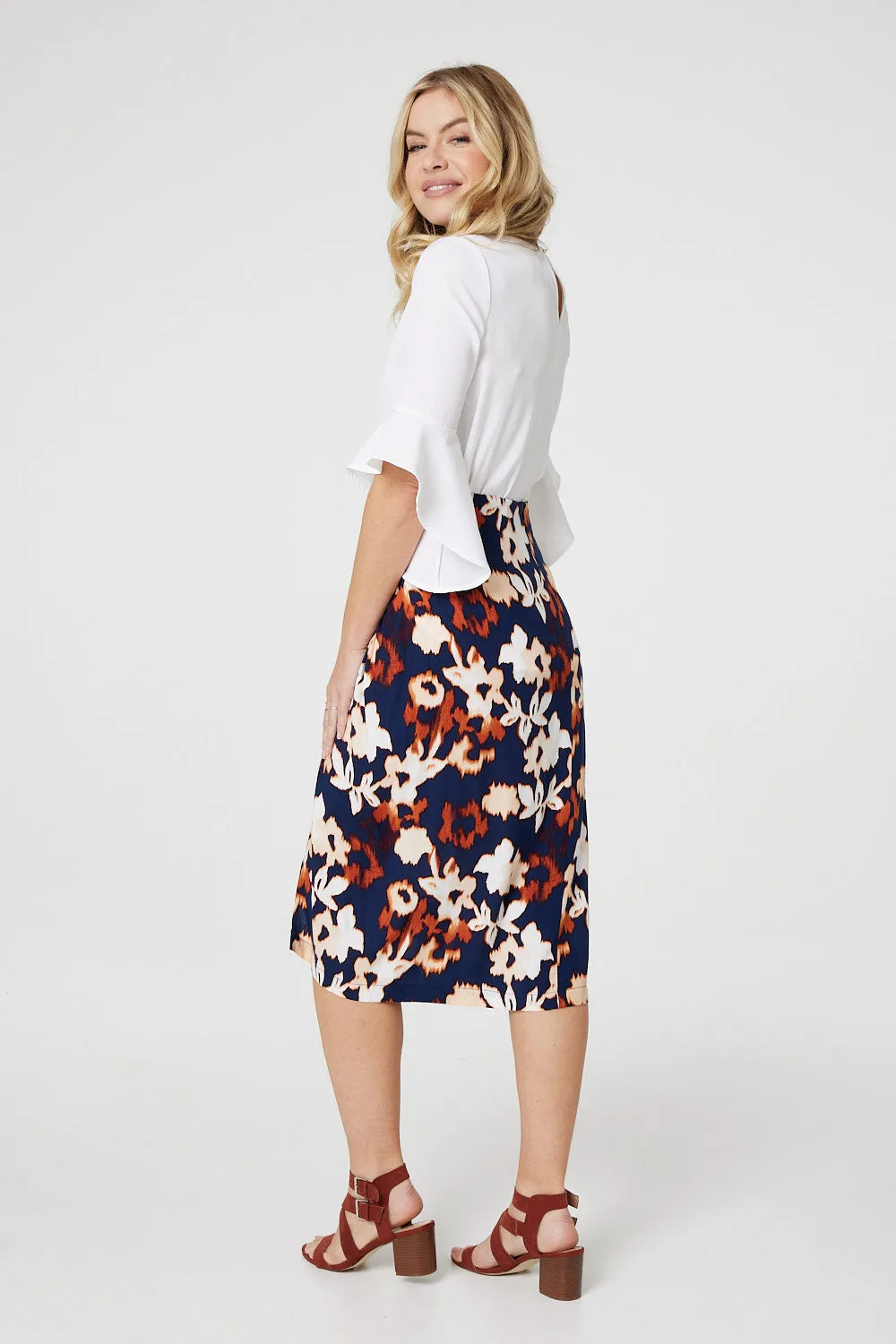 Floral Ruched High Waist Midi Skirt