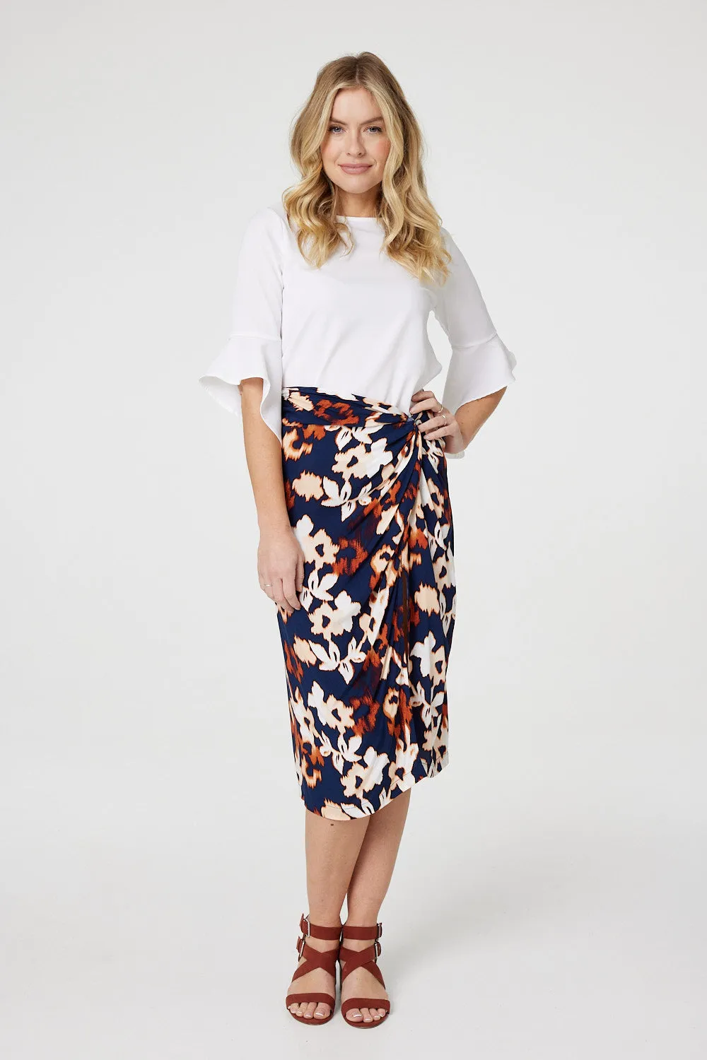 Floral Ruched High Waist Midi Skirt