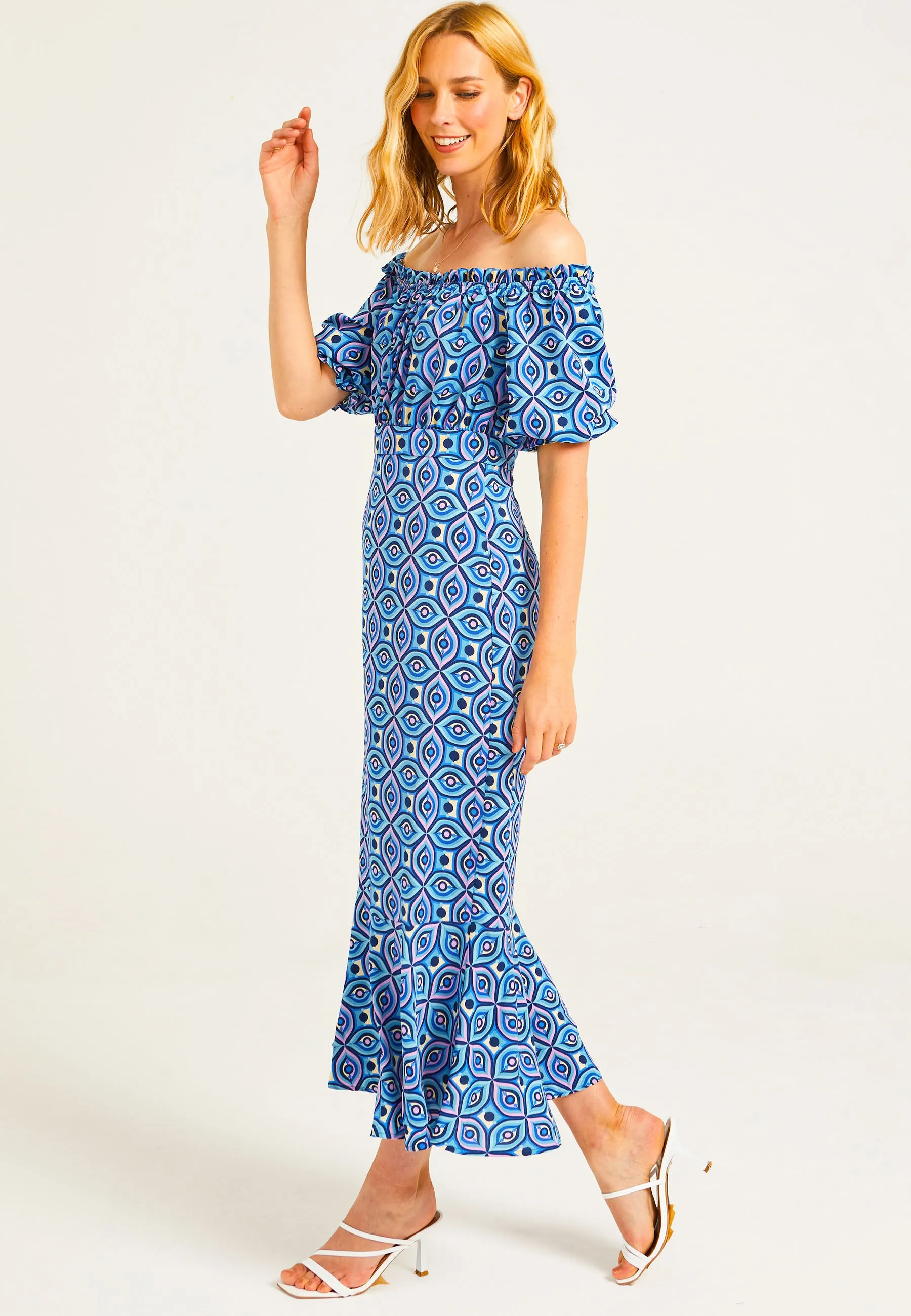 Geometric Print Midaxi Tea Dress in Blue