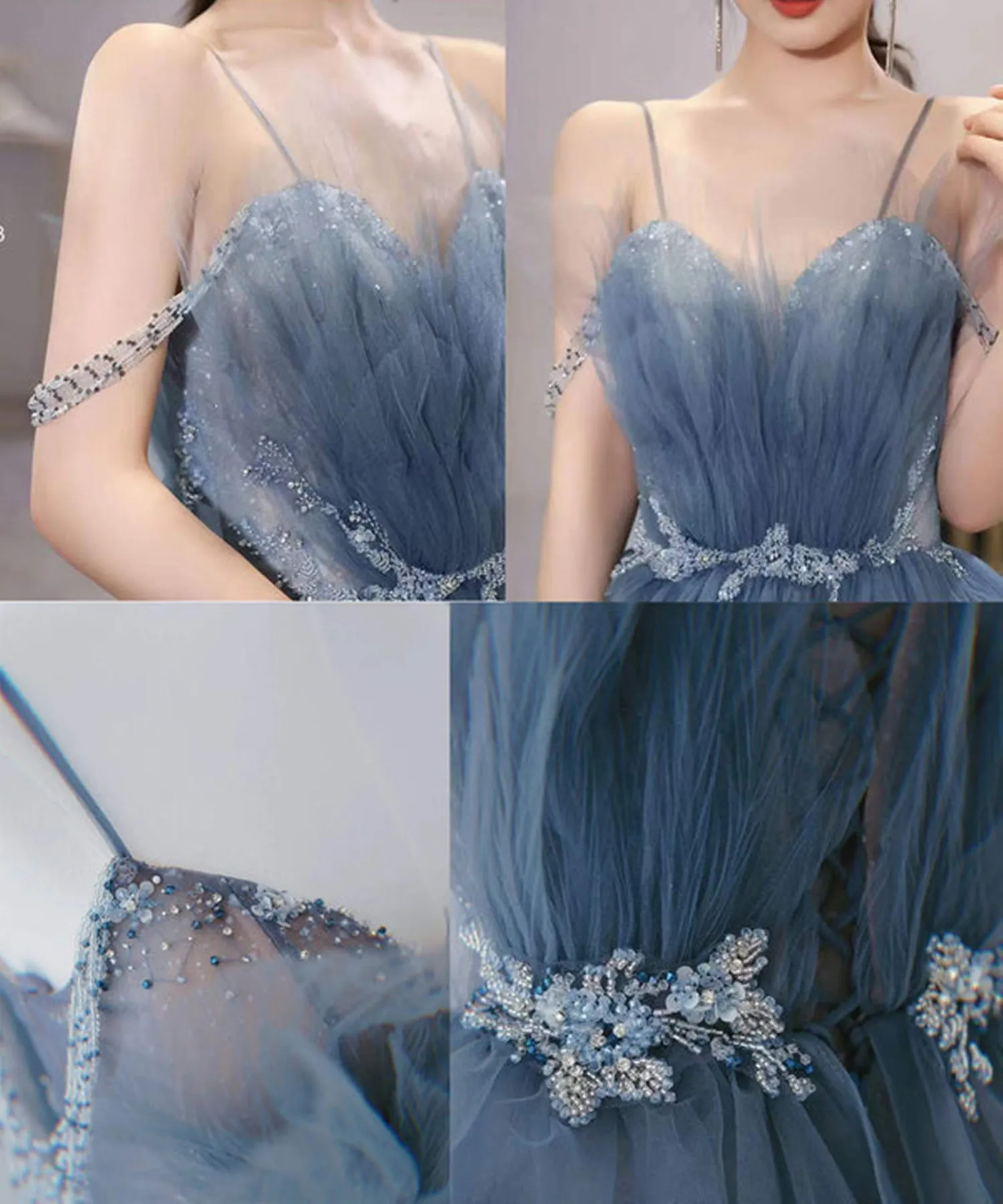 Gorgeous Blue Sparkly Tulle Beaded Long Prom Dress, Blue Tulle Formal Evening Dresses With Rhinestone A1843