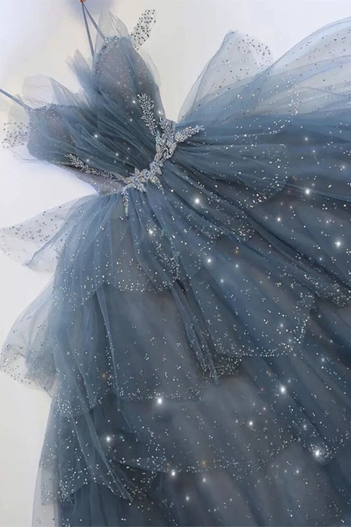 Gorgeous Blue Sparkly Tulle Beaded Long Prom Dress, Blue Tulle Formal Evening Dresses With Rhinestone A1843