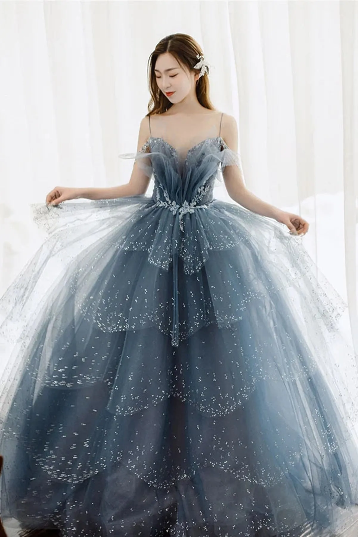 Gorgeous Blue Sparkly Tulle Beaded Long Prom Dress, Blue Tulle Formal Evening Dresses With Rhinestone A1843