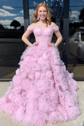 Gorgeous Off Shoulder Pink Ruffle Long Prom Dress, Off the Shoulder Pink Formal Evening Dress, Pink Ruffle Ball Gown A2088