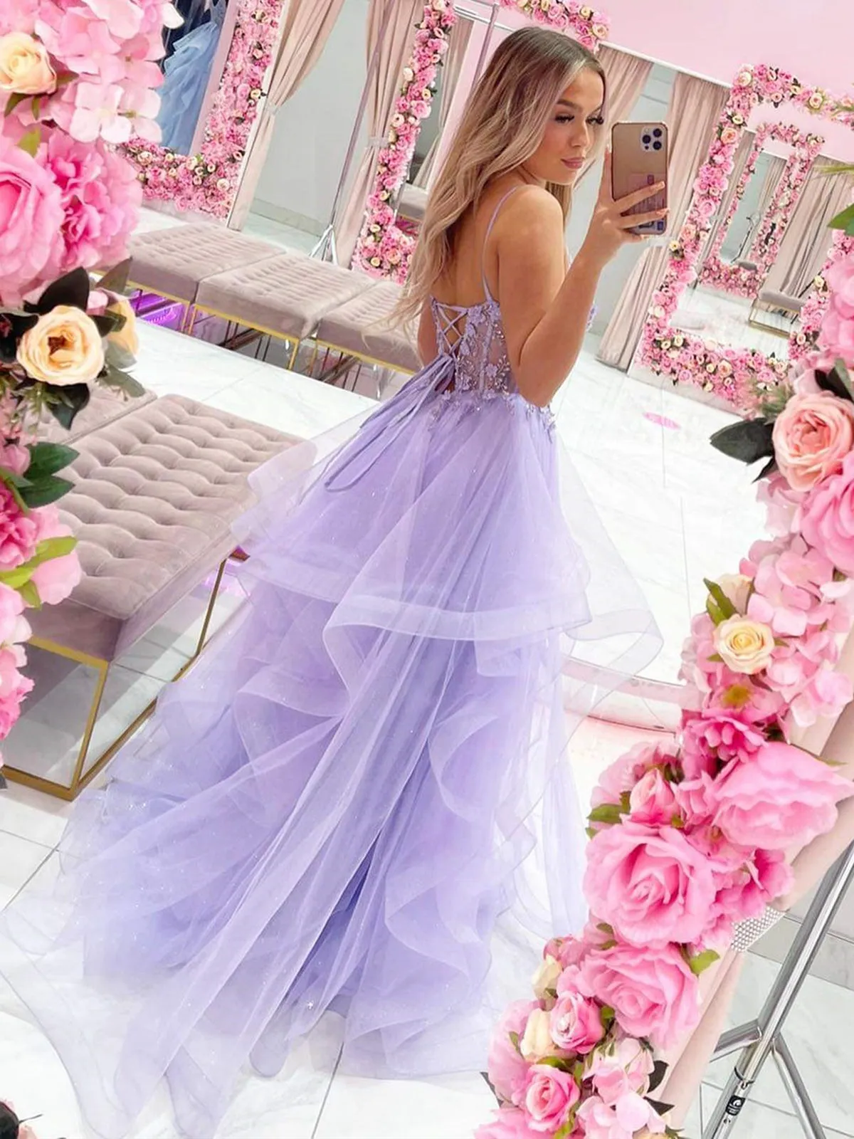 Gorgeous V Neck Beaded Purple Lace Floral Long Prom Dresses, Purple Lace Formal Dresses, Lilac Tulle Evening Dresses