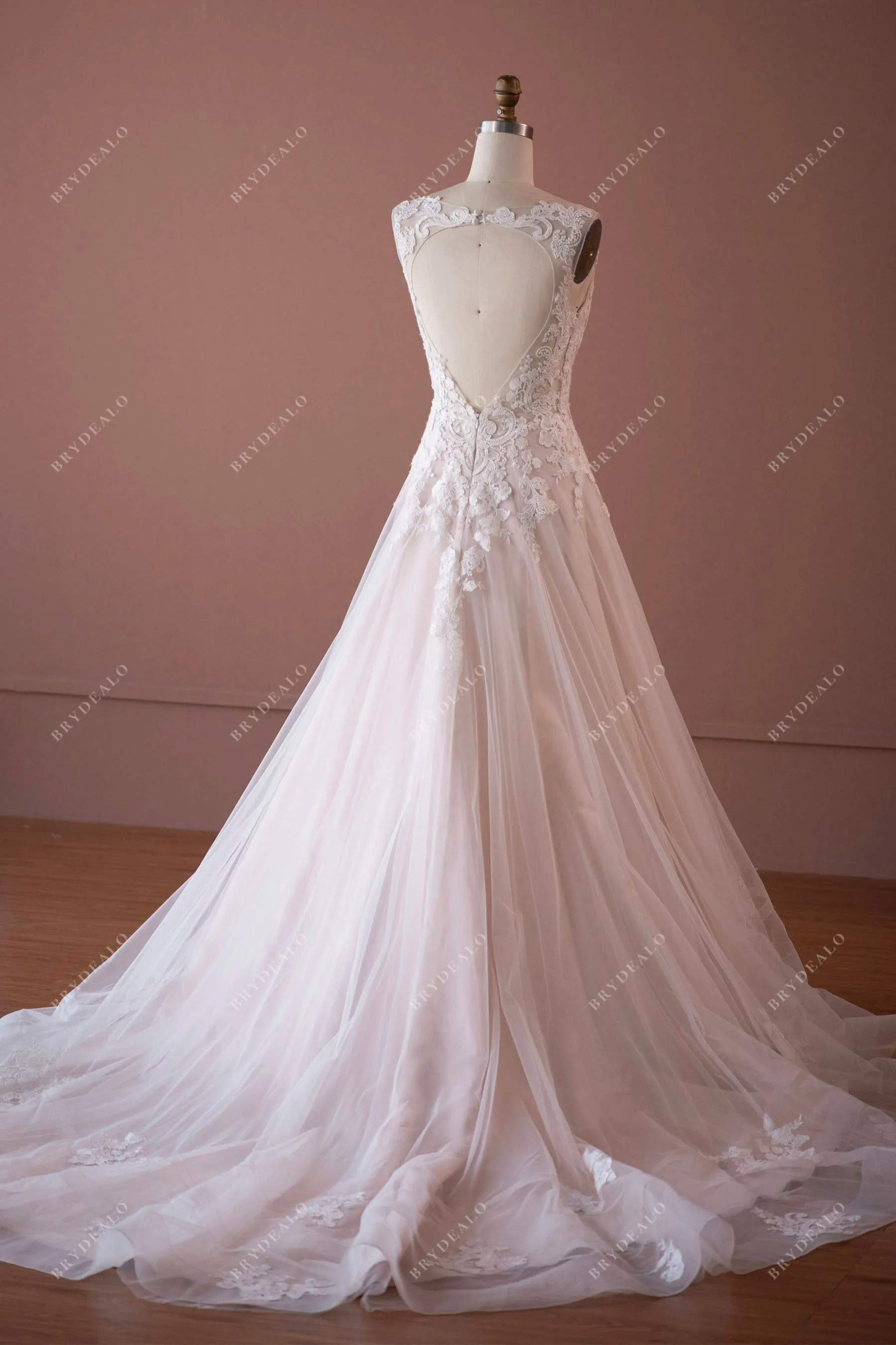 Graceful Lace V-neck Open Back Sleeveless Nude Wedding Dress