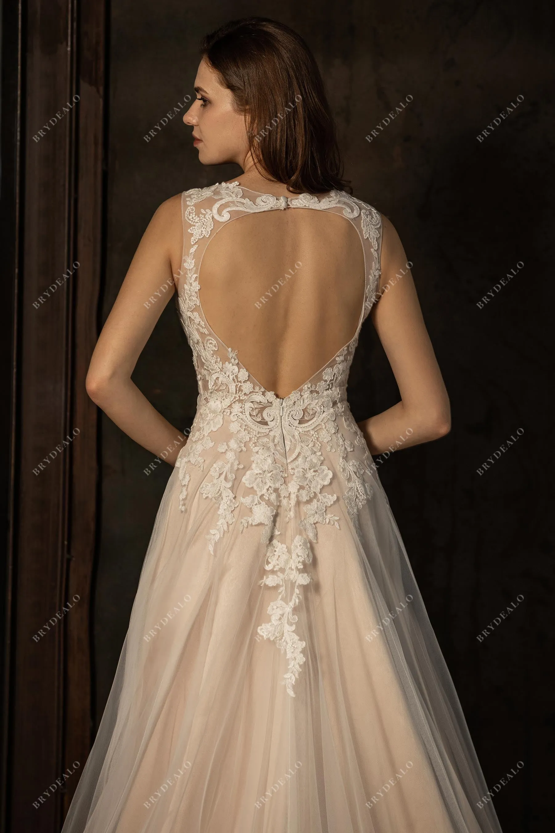 Graceful Lace V-neck Open Back Sleeveless Nude Wedding Dress