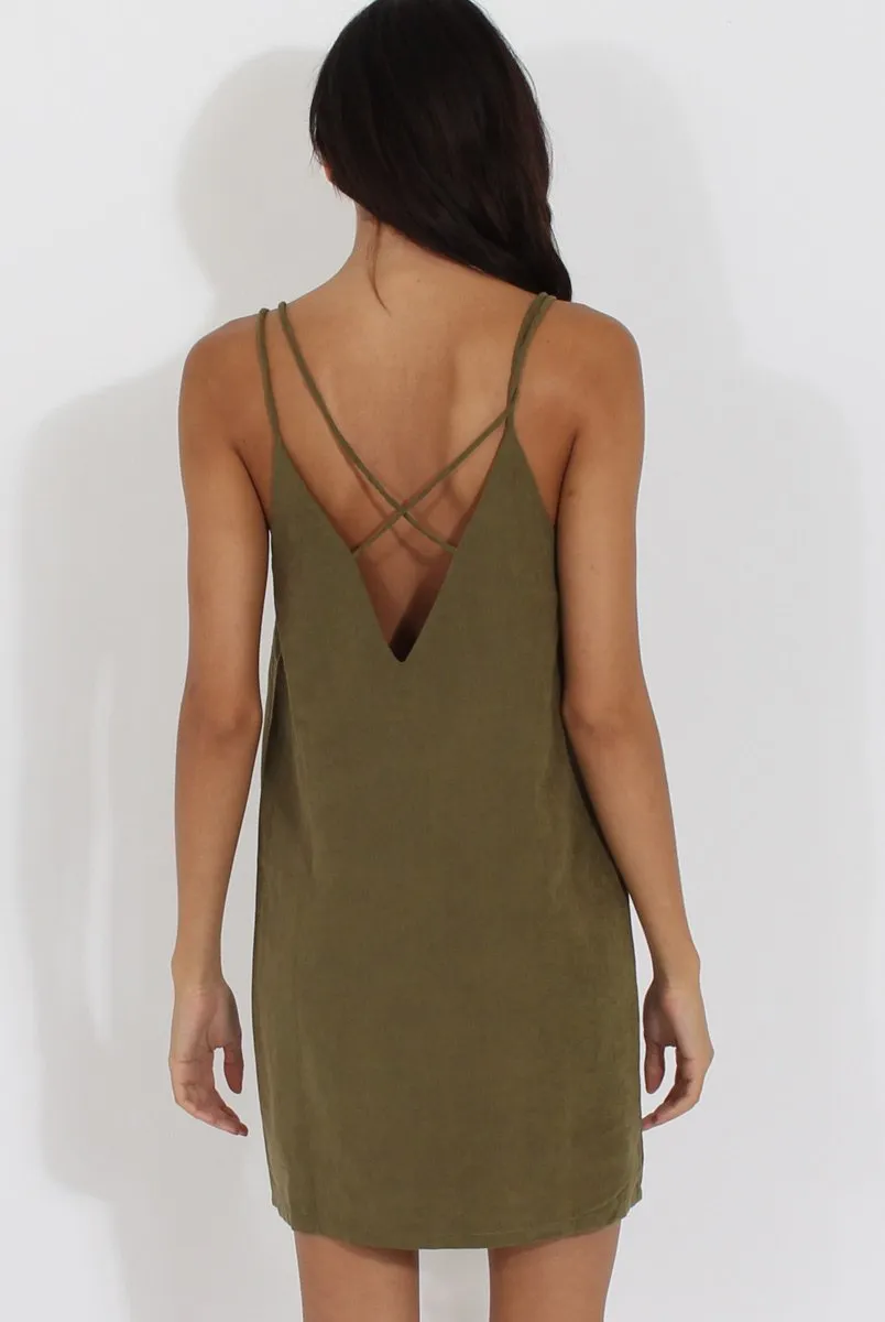 Green Faux Suede Strappy Back Slip Dress - Sylvie