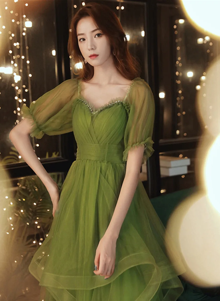 Green Short Sleeves Tulle Tea Length Wedding Party Dress, Green Prom Dress