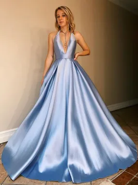 Halter Neck Backless Blue Satin Long Promes with Pocket, V Neck Blue Formales, Blue Evening