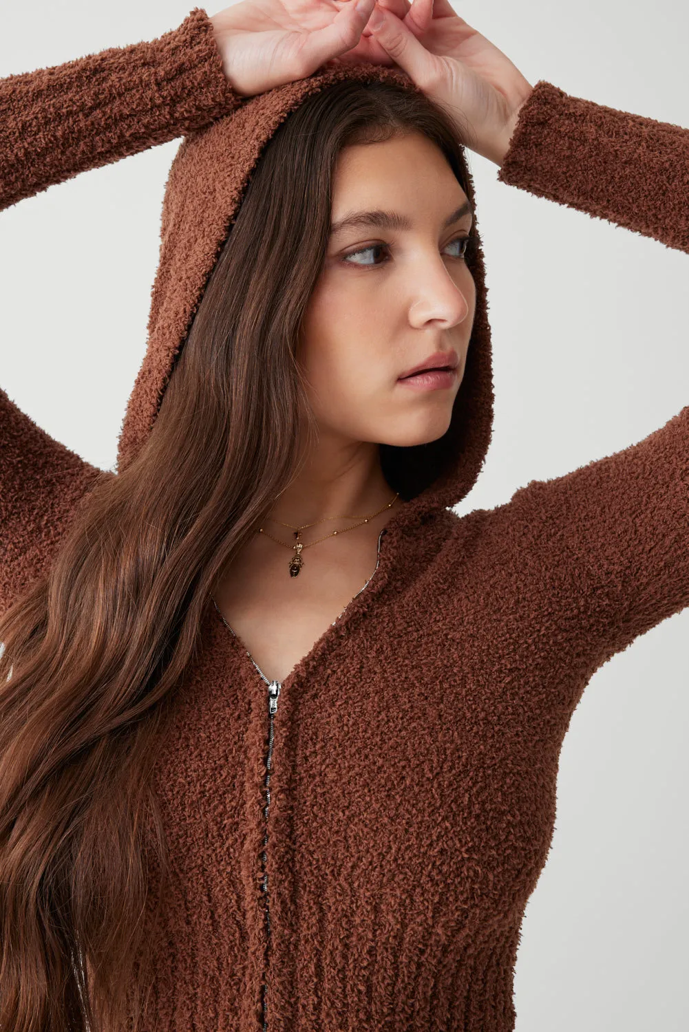 Harlowe Fuzzy Zip Up Hoodie - Chocolate Lily