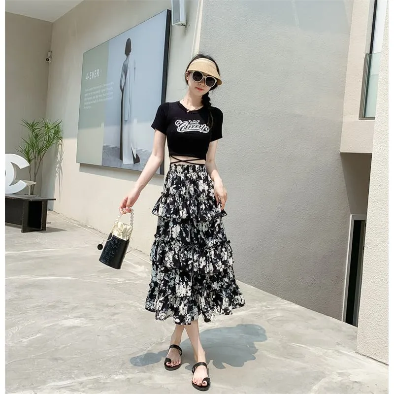 High-Waisted Patchwork Floral Print Versatile Layered Lace Midi Mesh Skirt