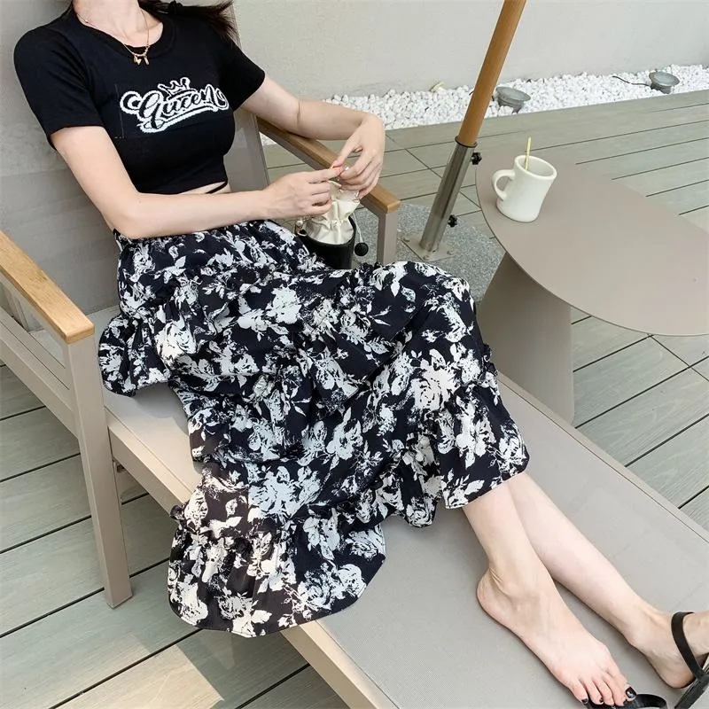 High-Waisted Patchwork Floral Print Versatile Layered Lace Midi Mesh Skirt