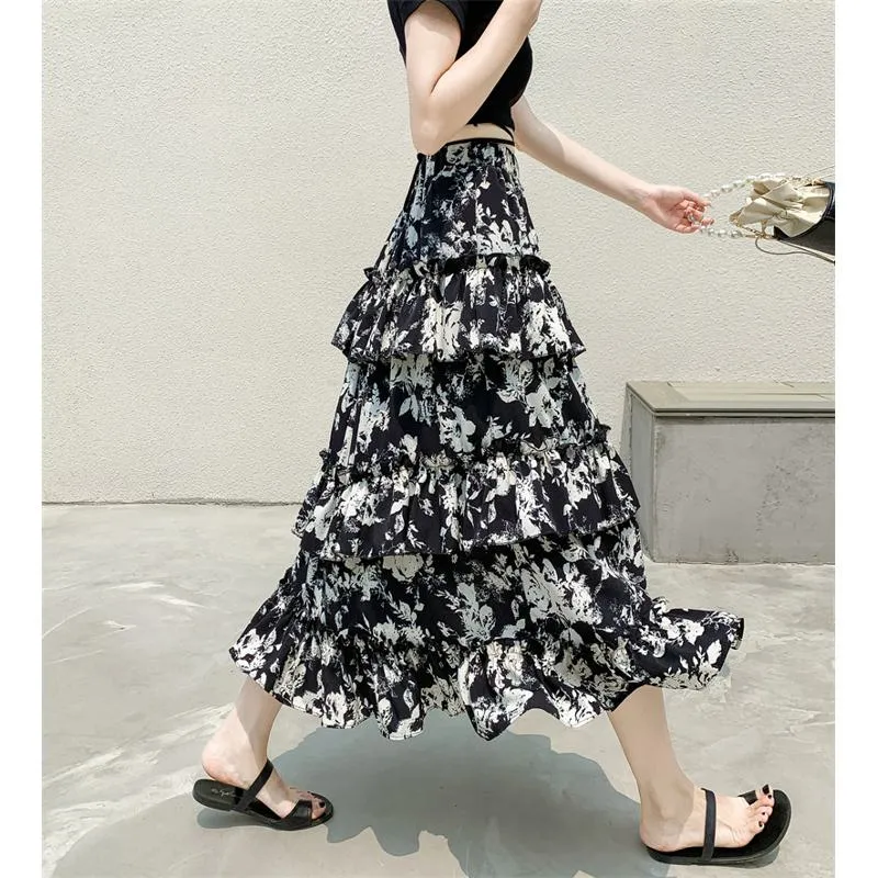 High-Waisted Patchwork Floral Print Versatile Layered Lace Midi Mesh Skirt