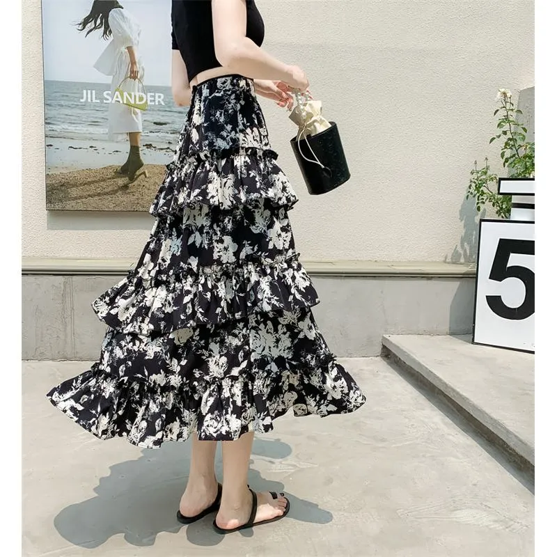 High-Waisted Patchwork Floral Print Versatile Layered Lace Midi Mesh Skirt