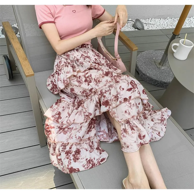 High-Waisted Patchwork Floral Print Versatile Layered Lace Midi Mesh Skirt