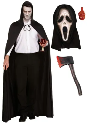 Horror Costume Set: Long Black Cape with Hood, Bleeding Scream Mask, and Fake Bloody Axe