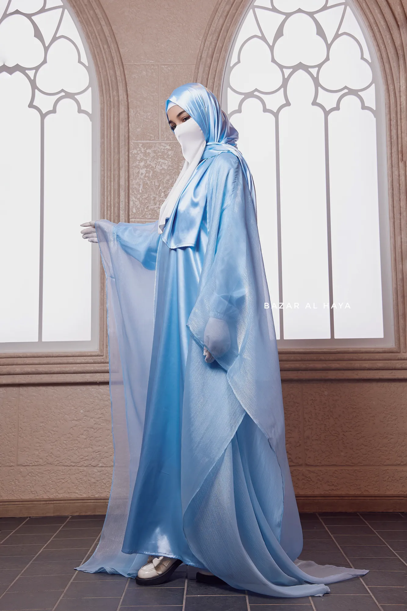 Humaira 3 Piece Abaya Set In Blue Organza Luxurious Kaftan With Inner Dress Scarf