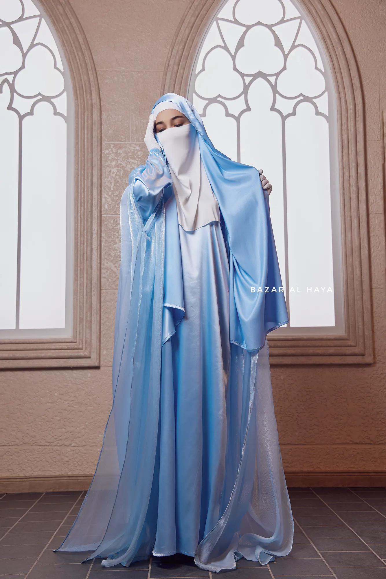 Humaira 3 Piece Abaya Set In Blue Organza Luxurious Kaftan With Inner Dress Scarf