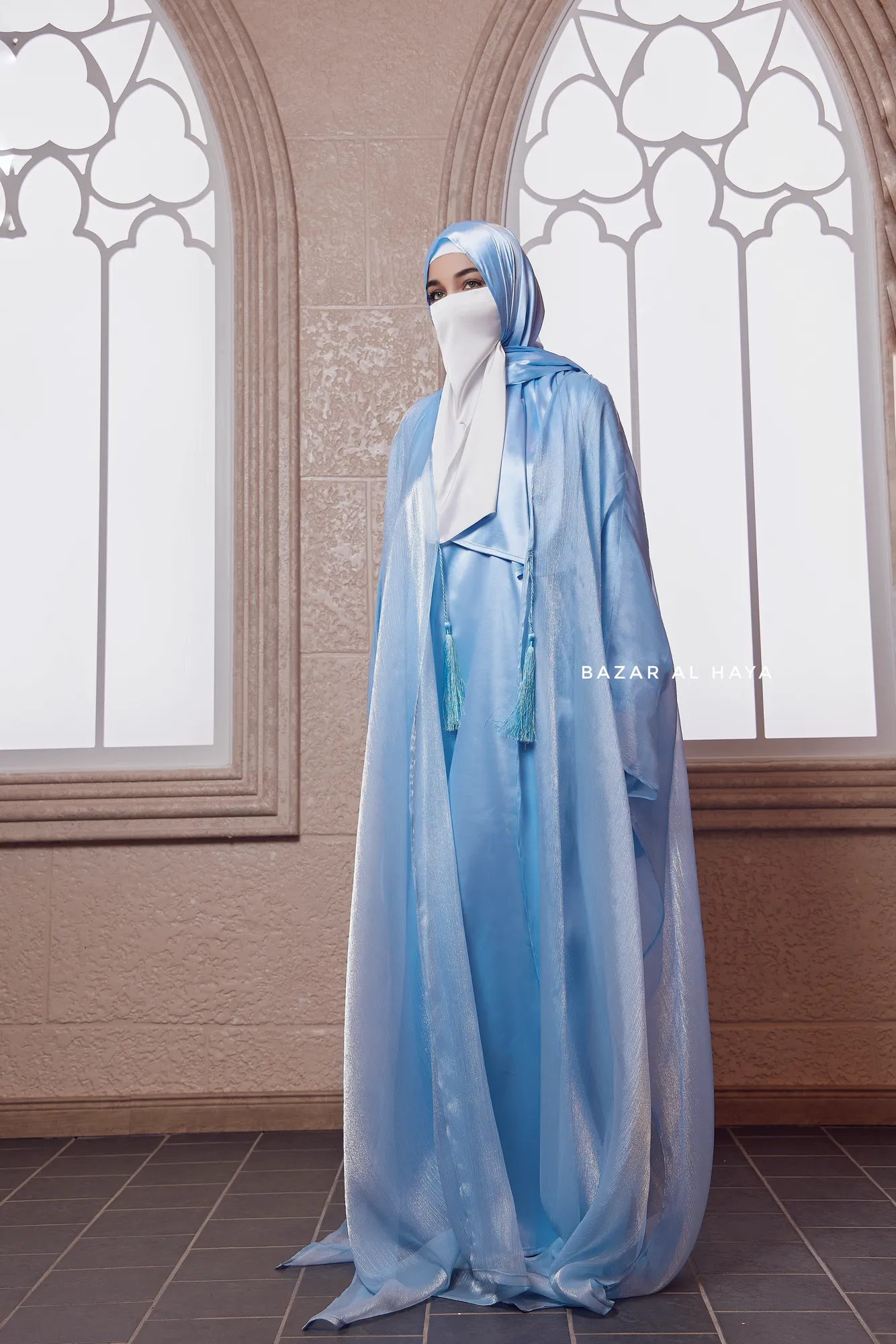 Humaira 3 Piece Abaya Set In Blue Organza Luxurious Kaftan With Inner Dress Scarf