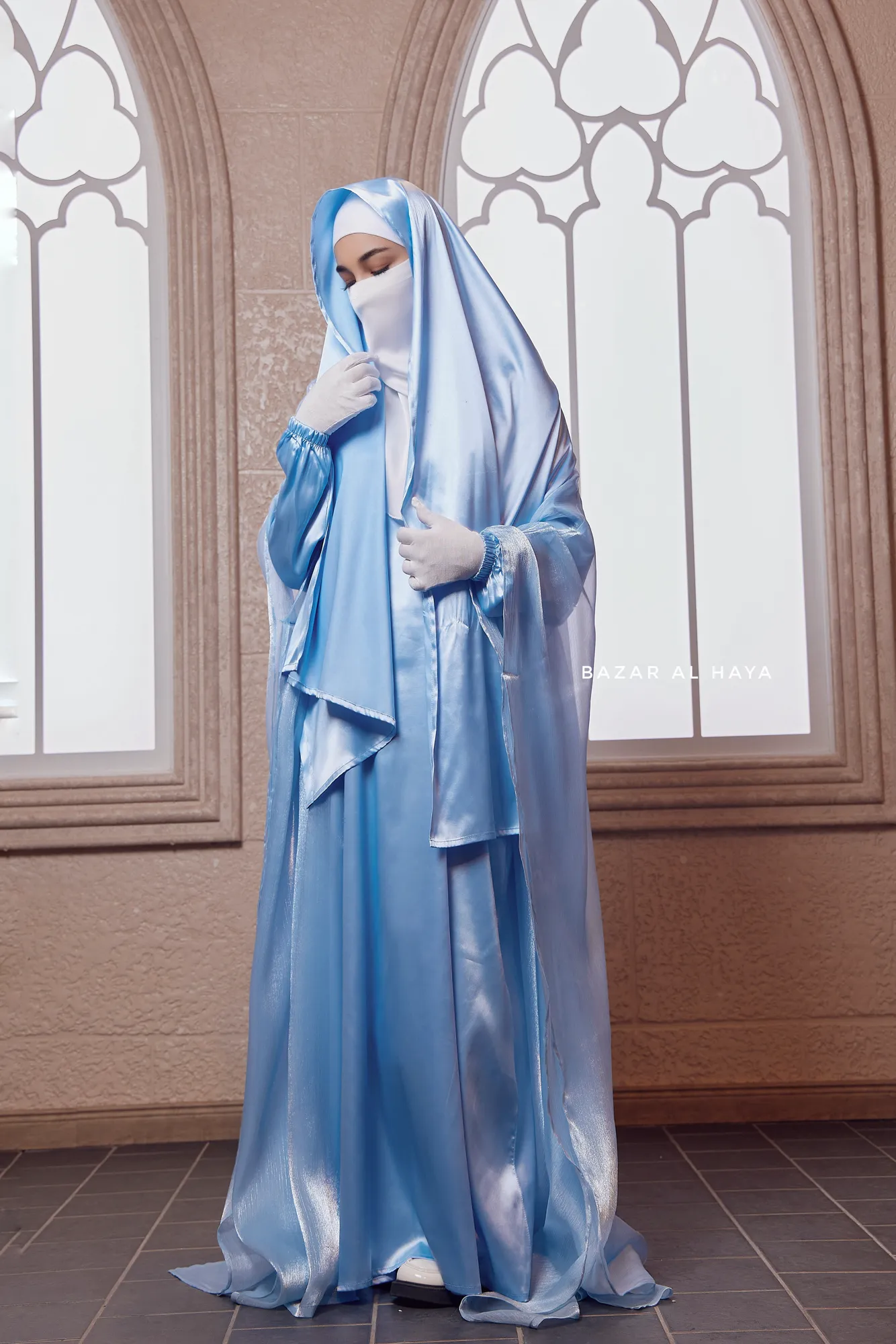 Humaira 3 Piece Abaya Set In Blue Organza Luxurious Kaftan With Inner Dress Scarf