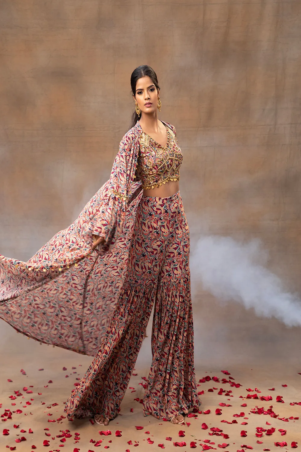 Ivory Printed Choli Sharara And Cape Set