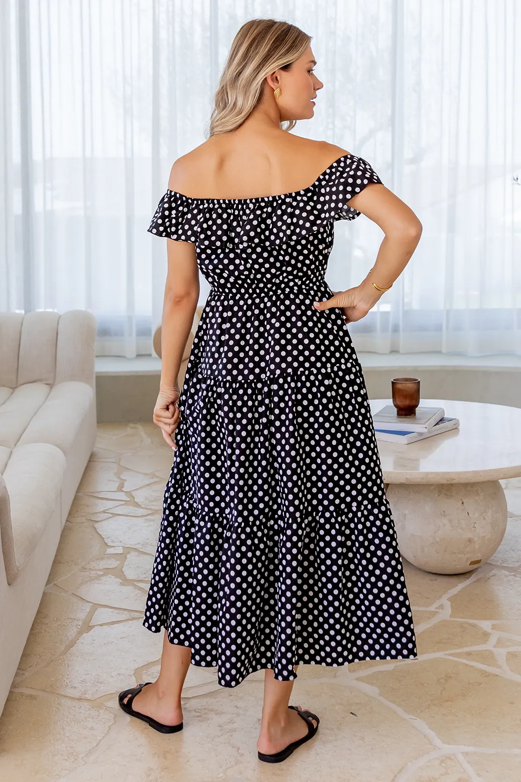 Jackie Off Shoulder Midi Dress Black White Spot