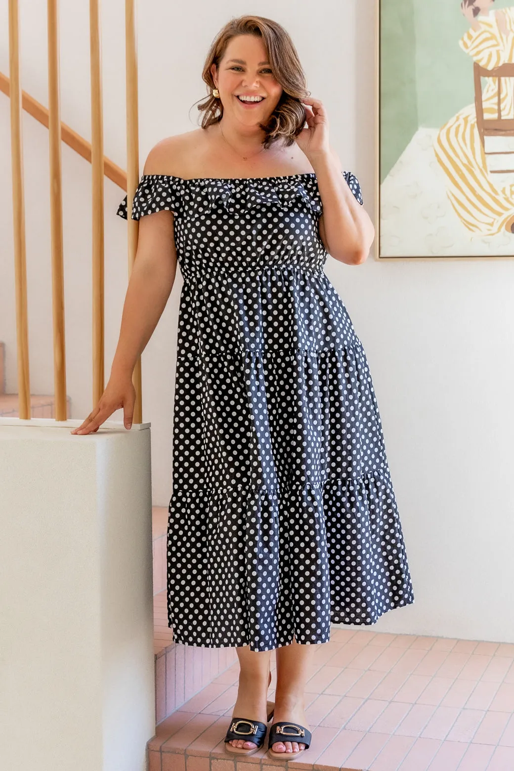 Jackie Off Shoulder Midi Dress Black White Spot