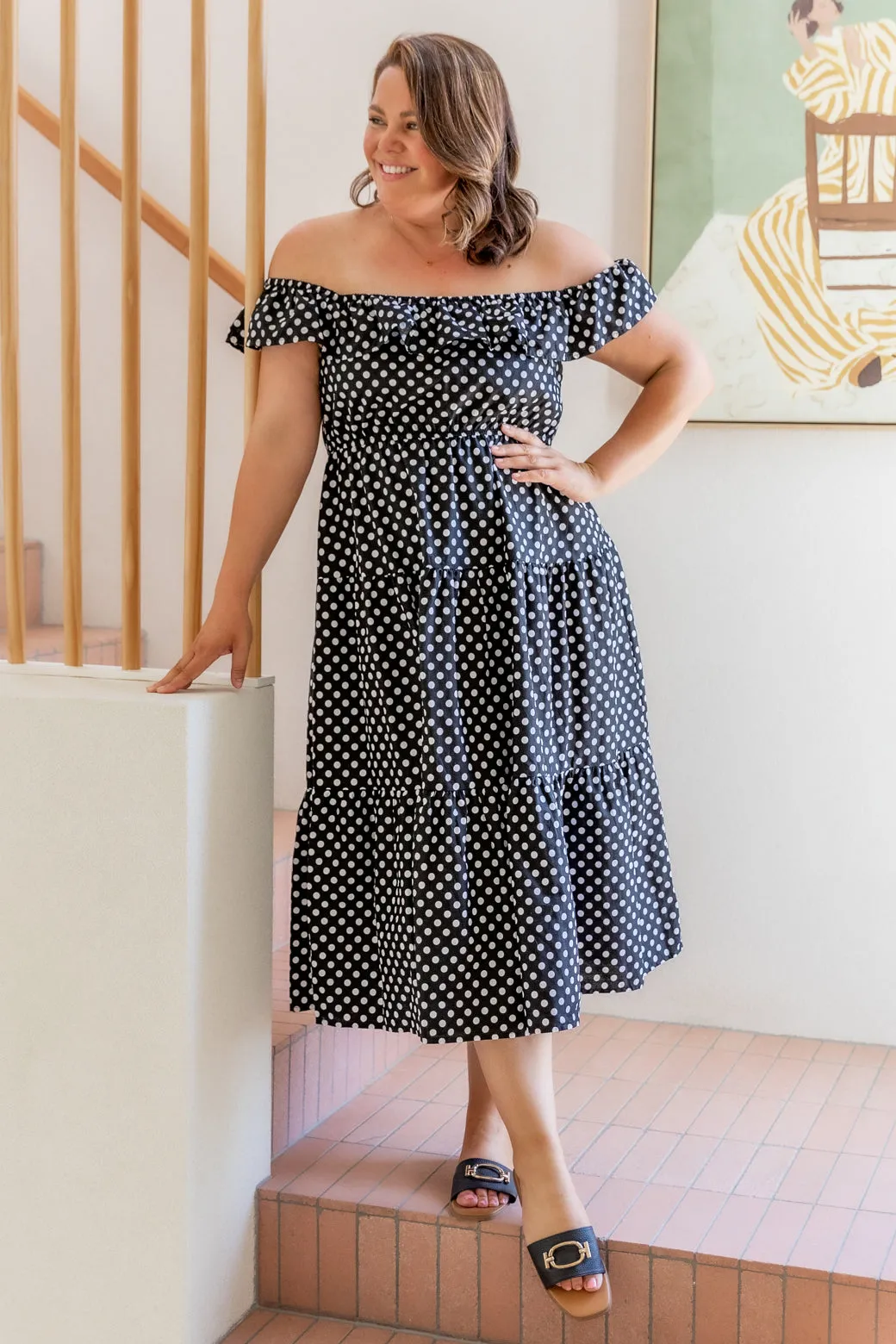 Jackie Off Shoulder Midi Dress Black White Spot