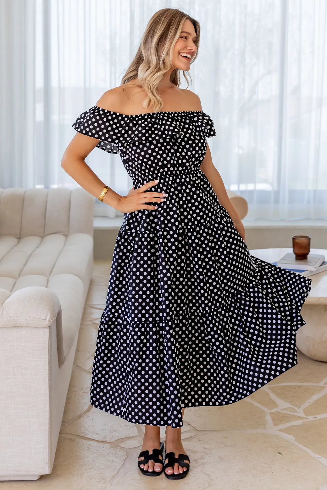 Jackie Off Shoulder Midi Dress Black White Spot