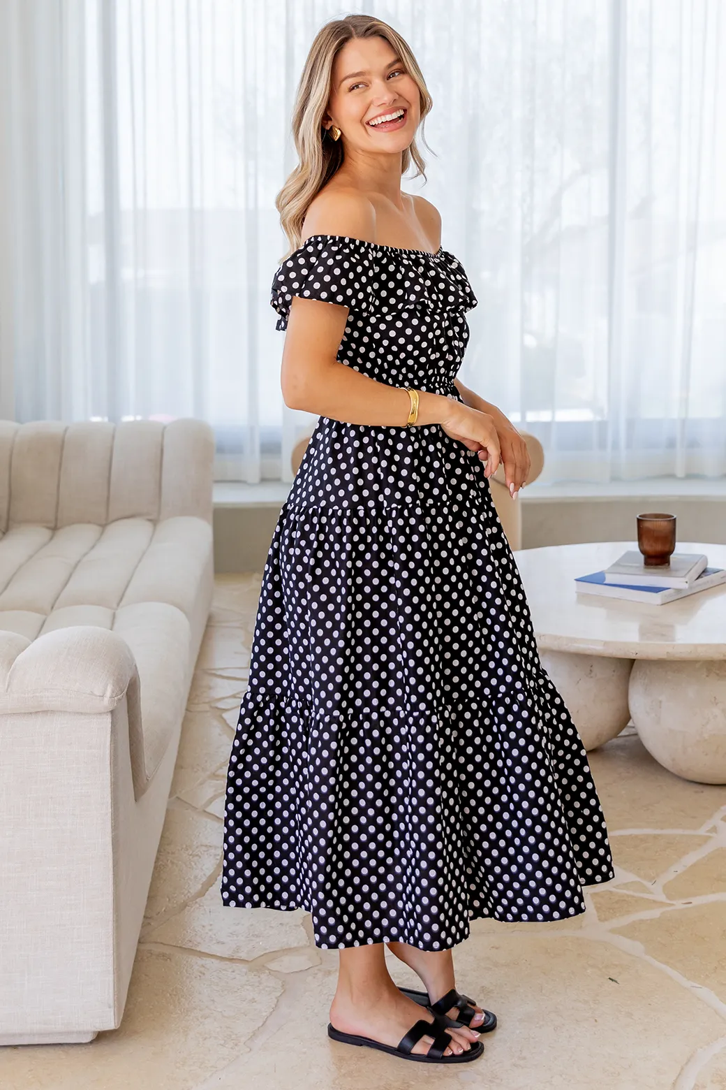 Jackie Off Shoulder Midi Dress Black White Spot