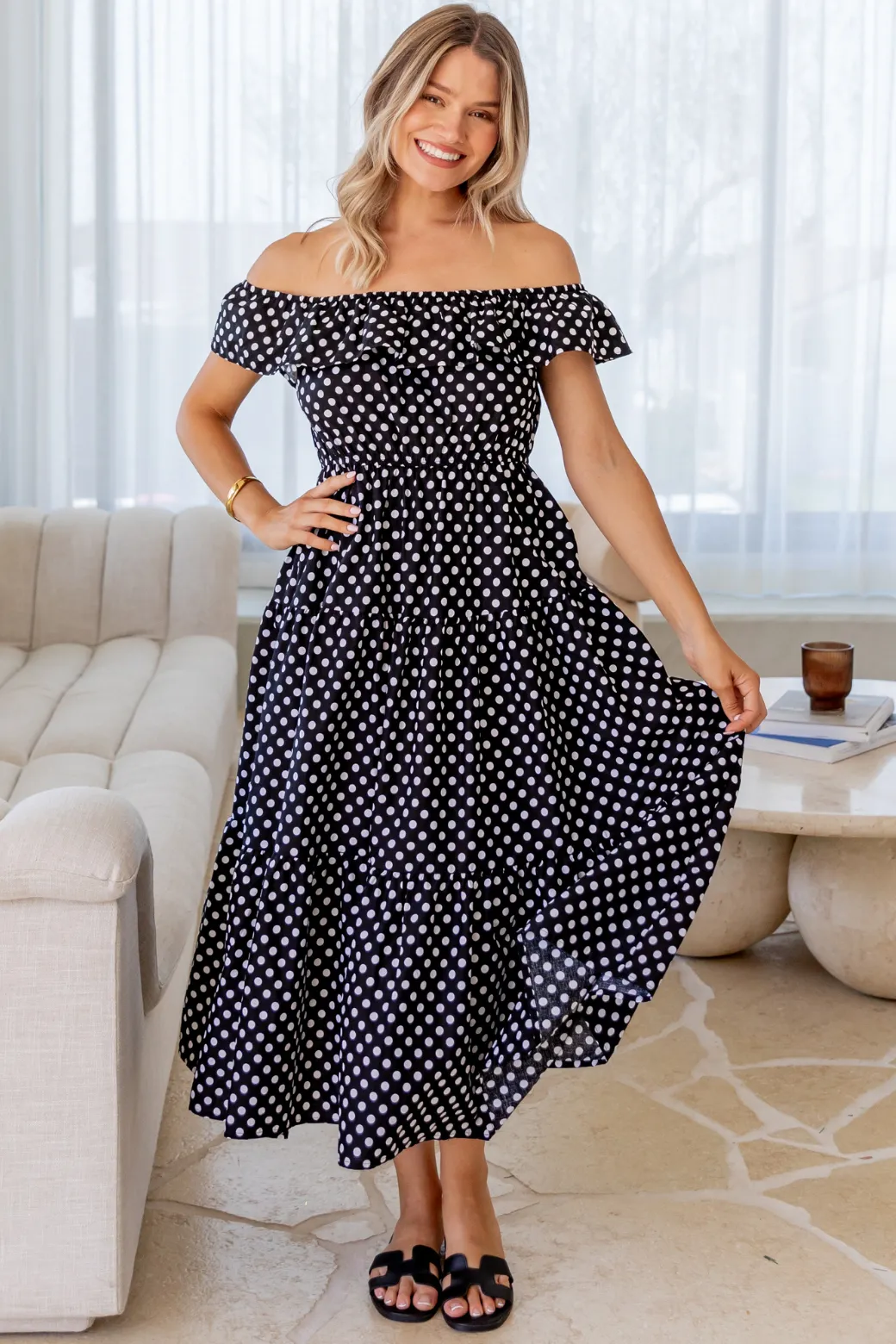 Jackie Off Shoulder Midi Dress Black White Spot