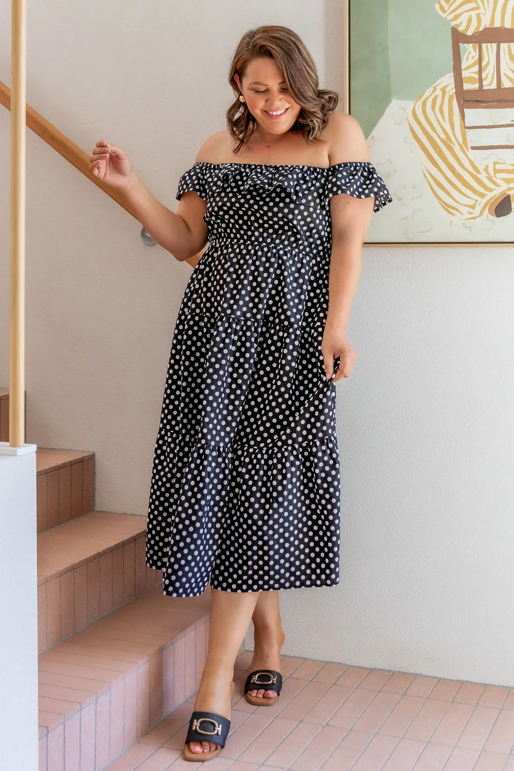 Jackie Off Shoulder Midi Dress Black White Spot