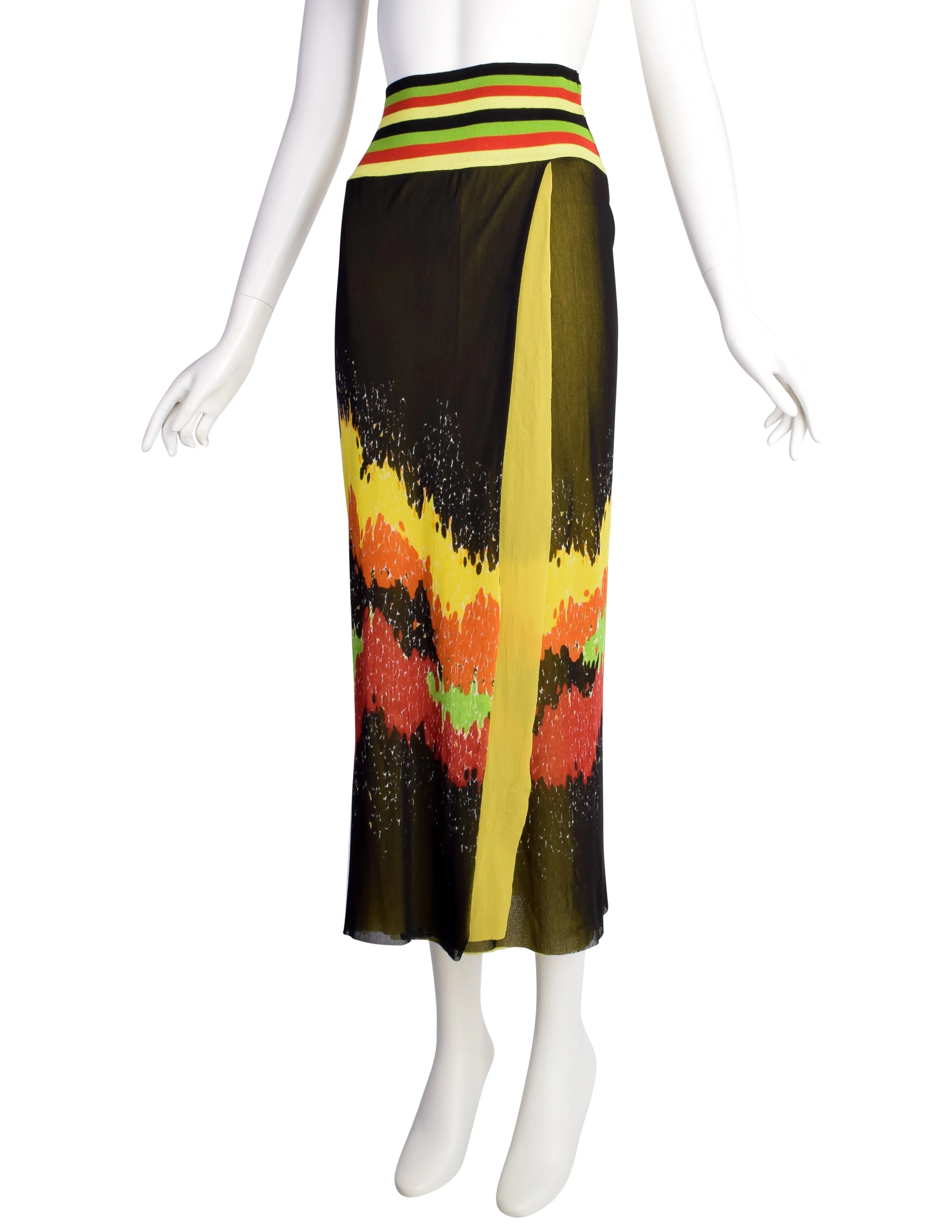 Jean Paul Gaultier Vintage SS 1997 Black Yellow Red Orange Green Patterned Striped Layered Mesh Skirt