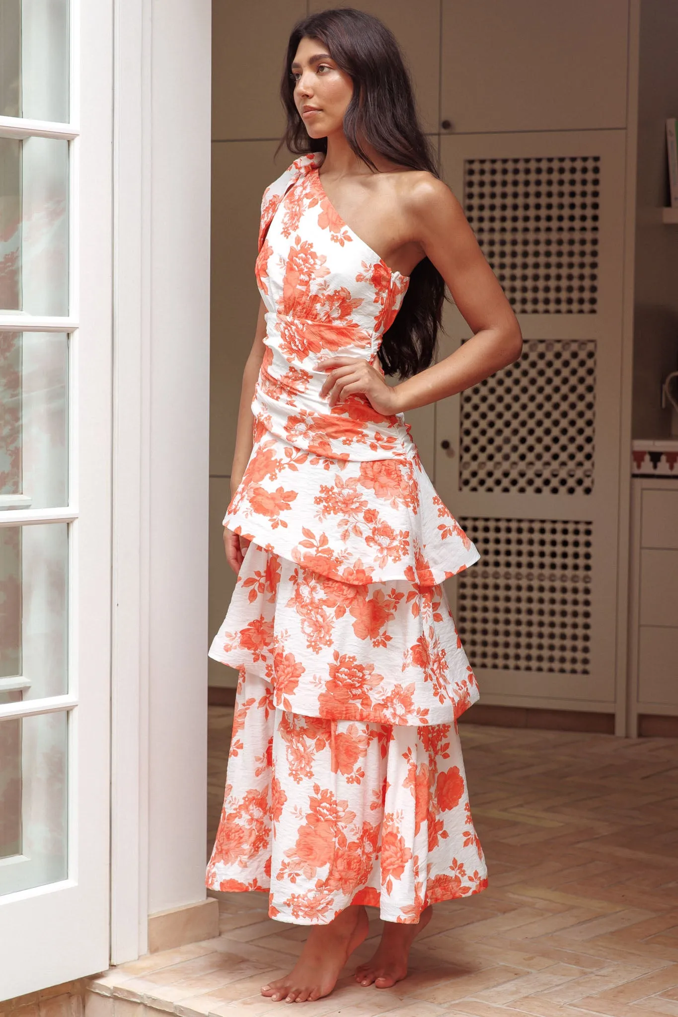 Kenny One Shoulder Tiered Maxi Dress Orange