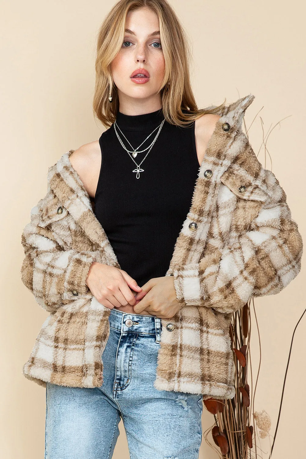 Khaki Sherpa Plaid Button Pocketed Jacket